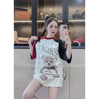 Áo thun chất cotton unisex tay lỡ form rộng in hình Gấu