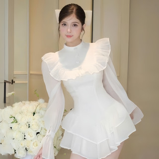 Váy nữ dự tiệc MIA cổ tròn tay bồng tiểu thư đầm thiết kế sang chảnh xếp tầng dáng ngắn V292