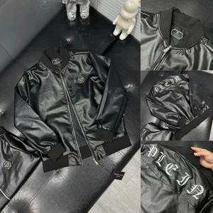 Áo khoác da bomber jacket nam Philipp Plein thêu logo sắt ngực phối bo ống chun dệt chữ boy phố