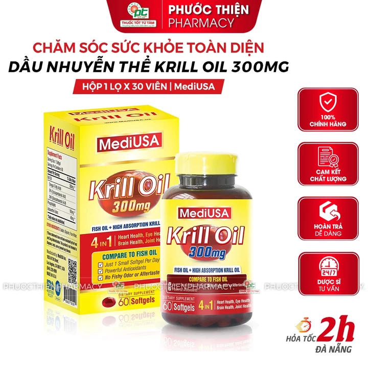 Dầu nhuyễn thể Krill Oil MediUSA bổ sung Omega 3 hỗ trợ sức khỏe tim mạch, não và mắt