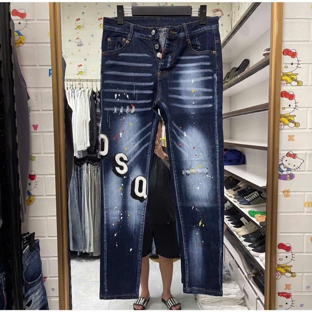 Quần jeans nam đen rách lót thêu vá DSQ cực chất, jeans nam denim co giãn cao cấp