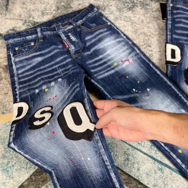 Quần jeans nam đen rách lót thêu vá DSQ cực chất, jeans nam denim co giãn cao cấp