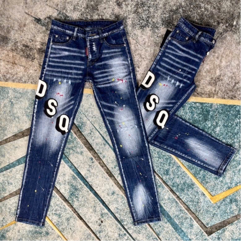 Quần jeans nam đen rách lót thêu vá DSQ cực chất, jeans nam denim co giãn cao cấp