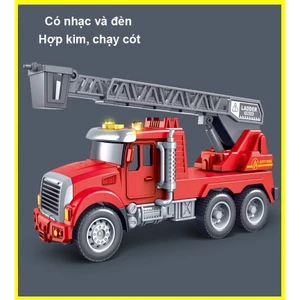 Đồ chơi mô hình xe cứu hỏa thang trượt bằng hợp kim và nhựa, có nhạc và đèn, chạy cót, trục xoay 360 độ, kích thước lớn