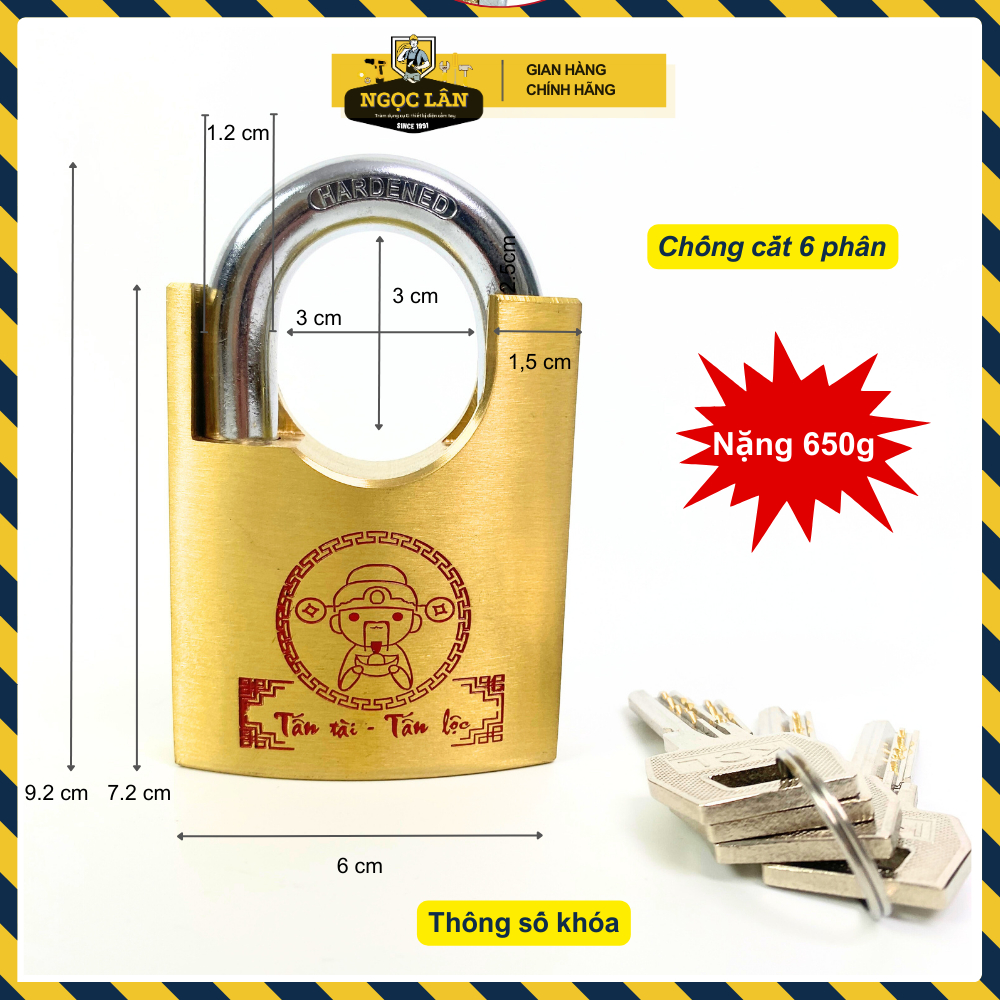 [An toàn] Khóa chống cắt 6cm KCL Thần tài, thân & ruột thau, thép hardened chống nước bền bỉ