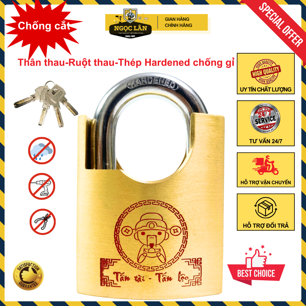 [An toàn] Khóa chống cắt 6cm KCL Thần tài, thân & ruột thau, thép hardened chống nước bền bỉ