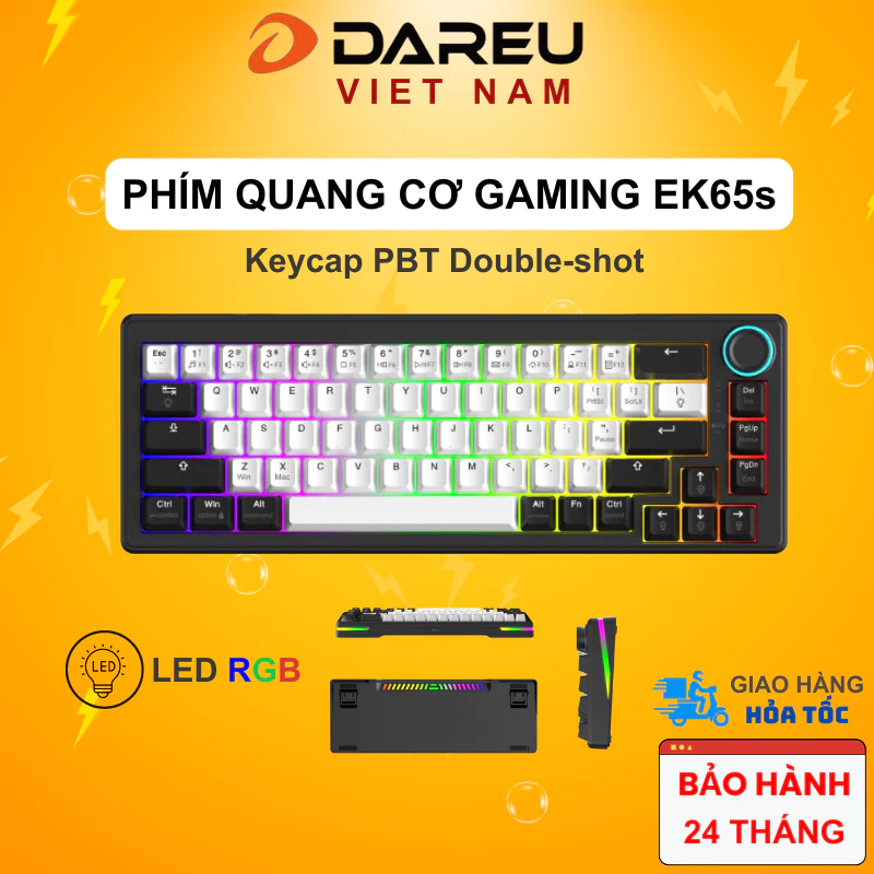 Bàn phím cơ Dareu EK65s White Black LED RGB , Keycap PBT Double shot)