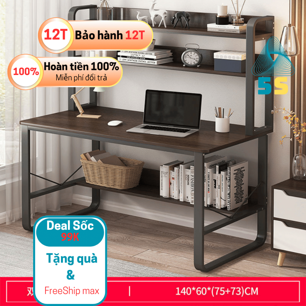 Bàn Học Cho Bé Kèm Kệ – Gỗ MDF Bền Đẹp – Chân Sắt U An Toàn – Thiết Kế Tiện Lợi