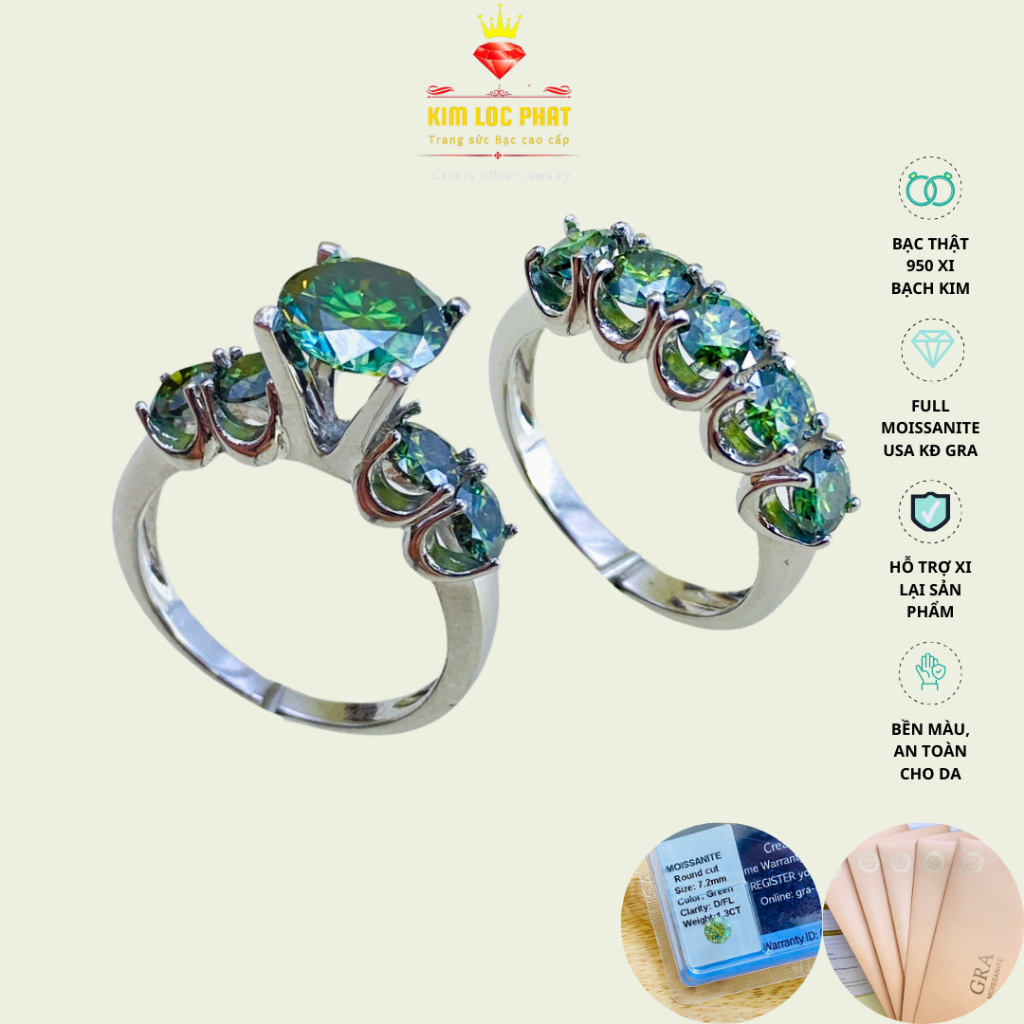 Nhẫn đính full kim cương Moissanite màu xanh 58 giác, Nhẫn moissanite bạc xi bạch kim kiểm định GRA