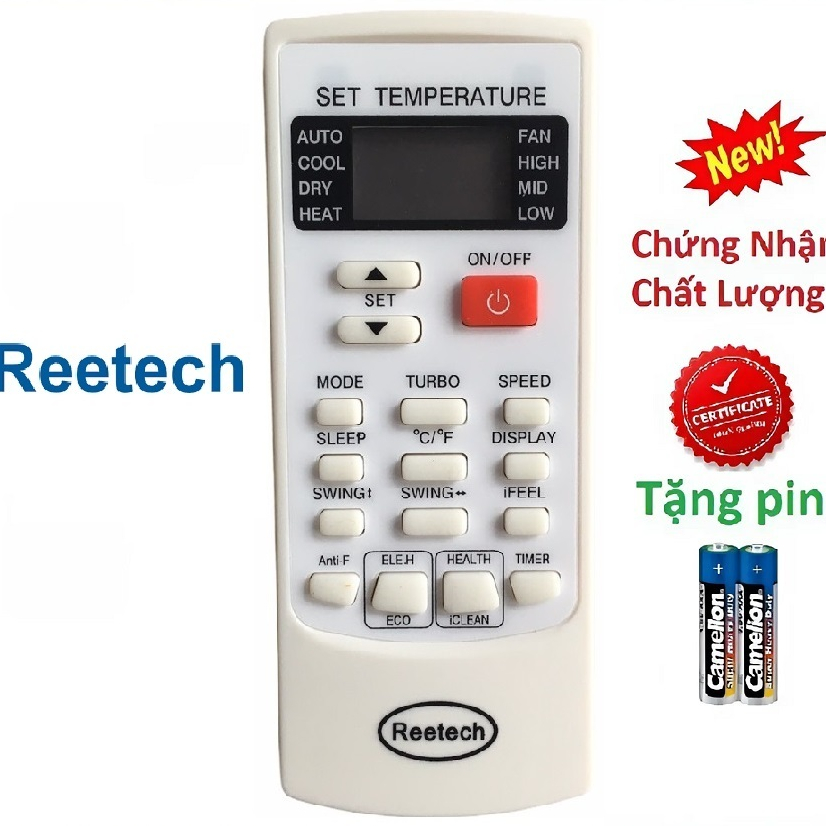 tay điều khiển remote từ xa điều hoà Reetech mặt trắng-kèm pin
