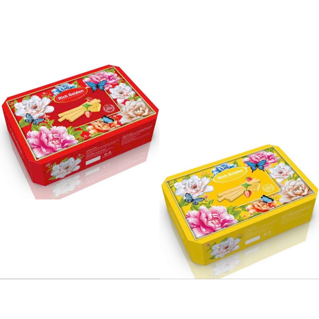 Bánh ống hộp giấy họa tiết bướm và hoa mẫu đơn Rich Golden 400gr ...