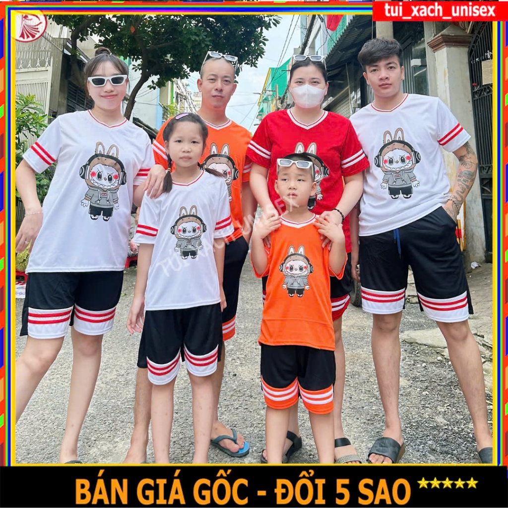 Bộ quần áo nam nữ cổ tim in LABU phối sọc kẻ viền mặc cặp nhóm gia đình dễ thương SSL