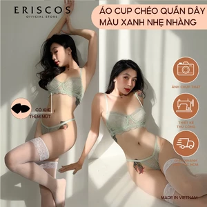Bộ nội y nữ ren màu xanh mint mong manh có gọng không mút lót mềm mại gợi cảm quần dây không viền Eriscos