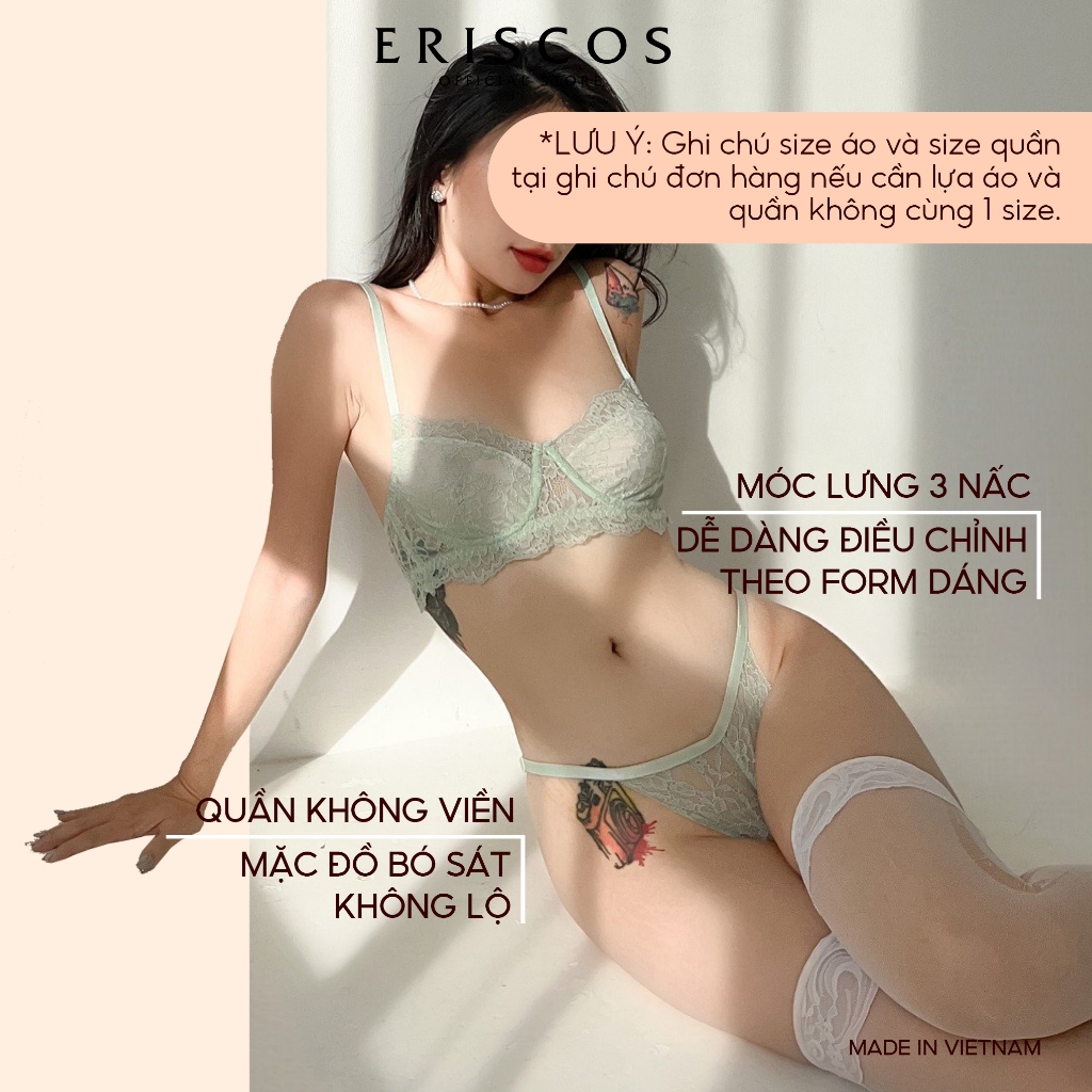 Bộ nội y nữ ren màu xanh mint mong manh có gọng không mút lót mềm mại gợi cảm quần dây không viền Eriscos