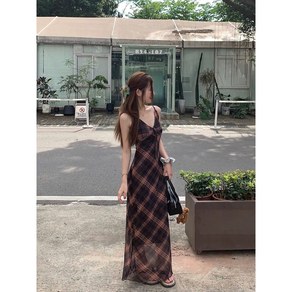 Váy 2 Dây Cúp Ngực Dáng Dài Họa Tiết Kẻ Ô Trám To Form Ôm Body Suông Phong Cách Retro SAN Clothings - P80