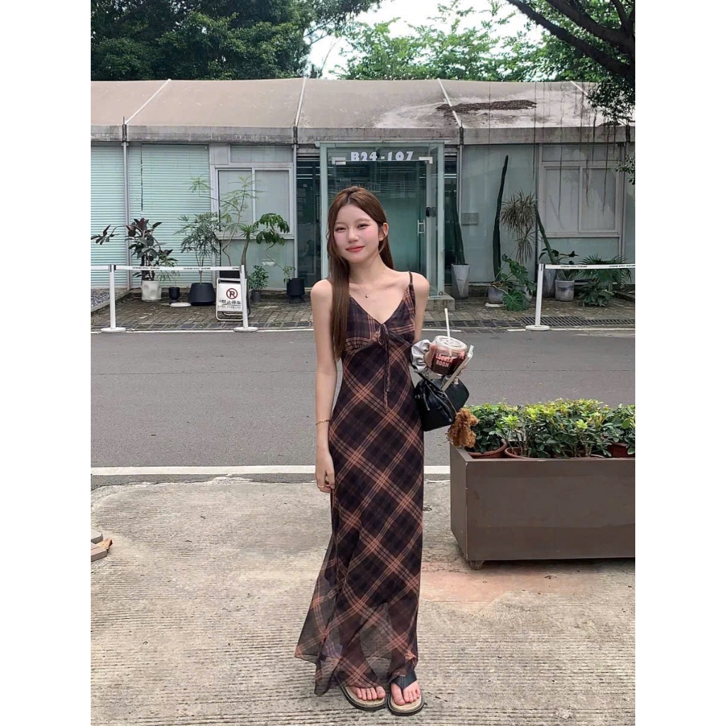 Váy 2 Dây Cúp Ngực Dáng Dài Họa Tiết Kẻ Ô Trám To Form Ôm Body Suông Phong Cách Retro SAN Clothings - P80