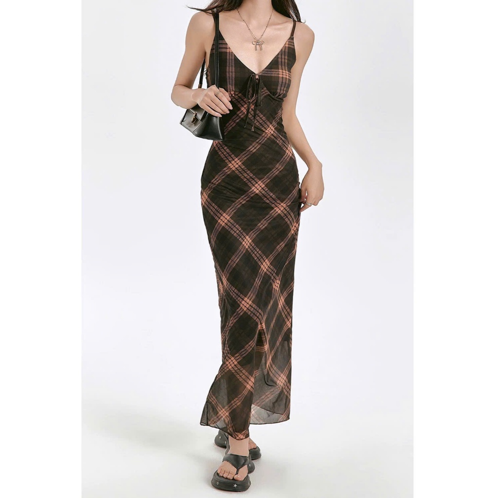 Váy 2 Dây Cúp Ngực Dáng Dài Họa Tiết Kẻ Ô Trám To Form Ôm Body Suông Phong Cách Retro SAN Clothings - P80