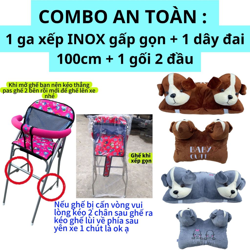 Combo An Toàn GHẾ INOX : 1 ghế ga INOX CAO CẤP xếp gọn + 1 dây đai 100cm + 1 gối 2 đầu đi xe máy cho bé