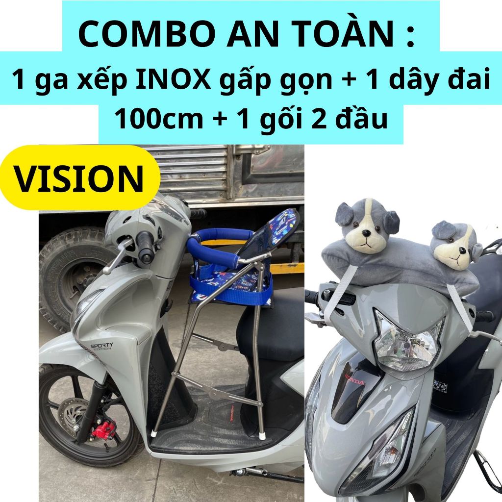 Combo An Toàn GHẾ INOX : 1 ghế ga INOX CAO CẤP xếp gọn + 1 dây đai 100cm + 1 gối 2 đầu đi xe máy cho bé