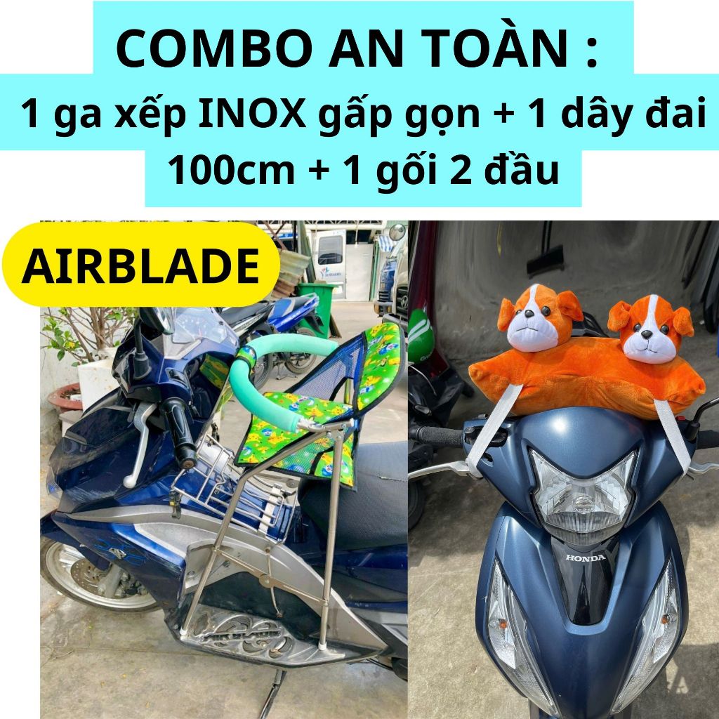 Combo An Toàn GHẾ INOX : 1 ghế ga INOX CAO CẤP xếp gọn + 1 dây đai 100cm + 1 gối 2 đầu đi xe máy cho bé