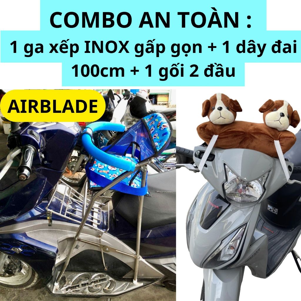 Combo An Toàn GHẾ INOX : 1 ghế ga INOX CAO CẤP xếp gọn + 1 dây đai 100cm + 1 gối 2 đầu đi xe máy cho bé