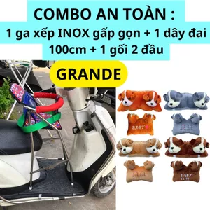 Combo An Toàn GHẾ INOX : 1 ghế ga INOX CAO CẤP xếp gọn + 1 dây đai 100cm + 1 gối 2 đầu đi xe máy cho bé