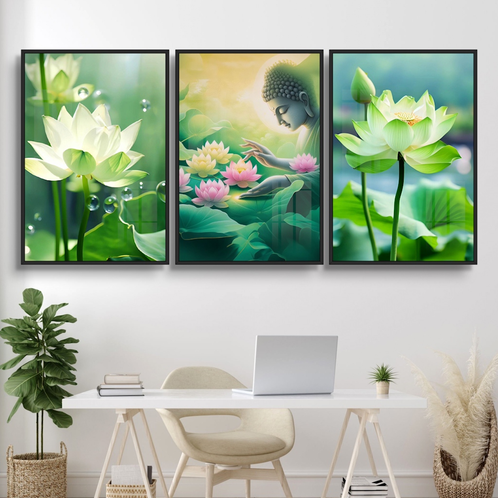 Bộ 3 Tranh Phật Giáo Và Hoa Sen - Tranh Gỗ Tráng Gương Treo Tường  Trang Trí Phòng Khách, Không Gian Làm Việc Hiện Đại