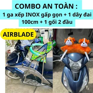 Combo GHẾ INOX AN TOÀN : 1 ghế ga INOX CAO CẤP xếp gọn + 1 dây đai 100cm + 1 gối 2 đầu đi xe máy cho bé