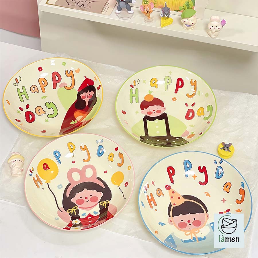 [ Bảo Hành Bể Vỡ ] Đĩa Sứ Tròn Cao Cấp, In Hình Ngộ Nghĩnh, Màu Sắc Tươi Sáng SET007