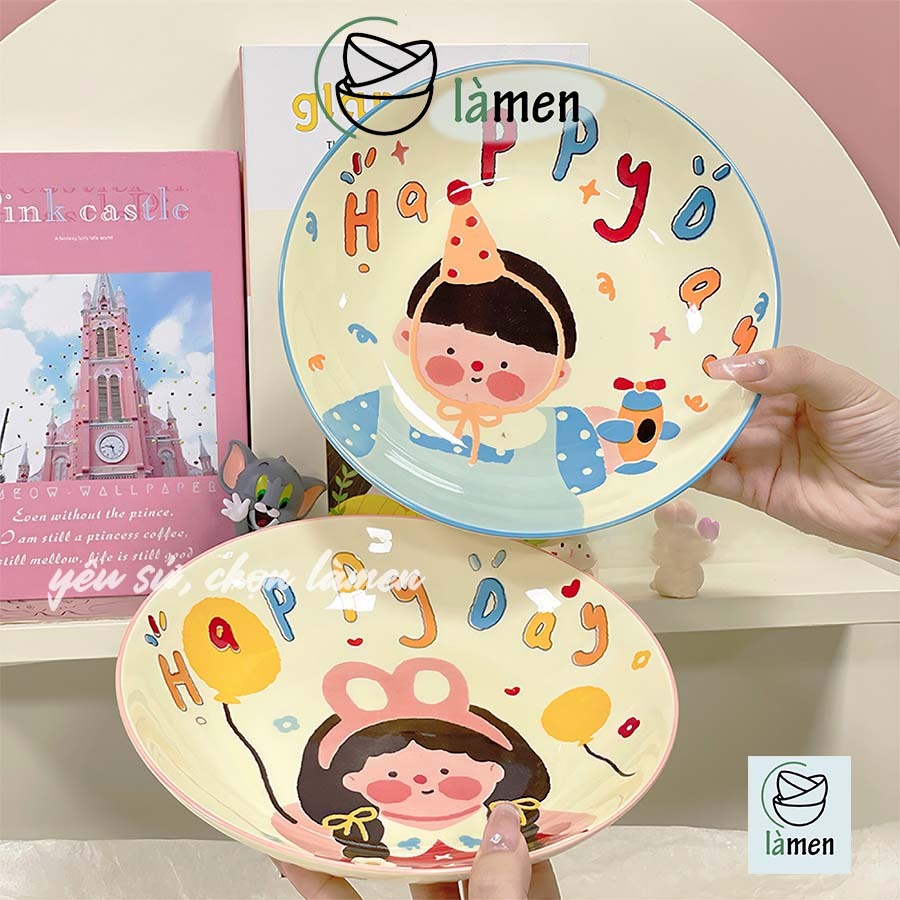 [ Bảo Hành Bể Vỡ ] Đĩa Sứ Tròn Cao Cấp, In Hình Ngộ Nghĩnh, Màu Sắc Tươi Sáng SET007