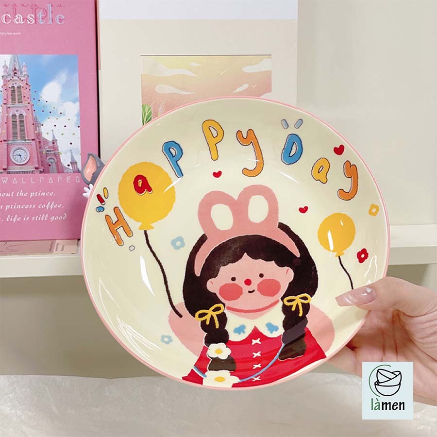 [ Bảo Hành Bể Vỡ ] Đĩa Sứ Tròn Cao Cấp, In Hình Ngộ Nghĩnh, Màu Sắc Tươi Sáng SET007