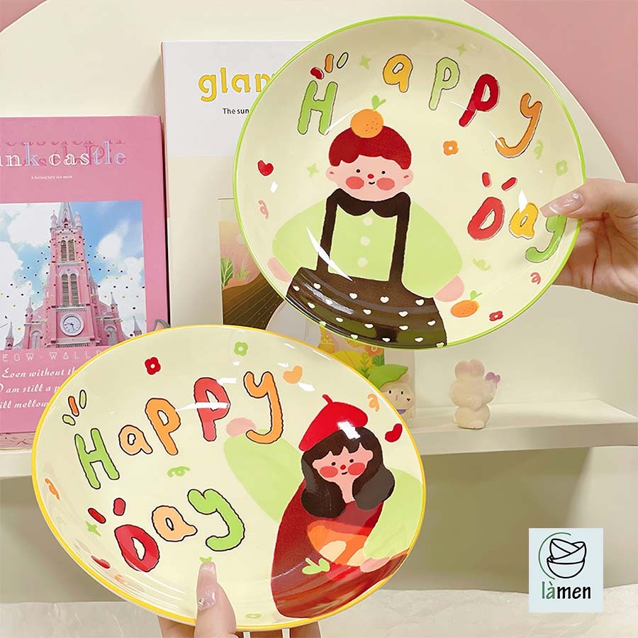 [ Bảo Hành Bể Vỡ ] Đĩa Sứ Tròn Cao Cấp, In Hình Ngộ Nghĩnh, Màu Sắc Tươi Sáng SET007