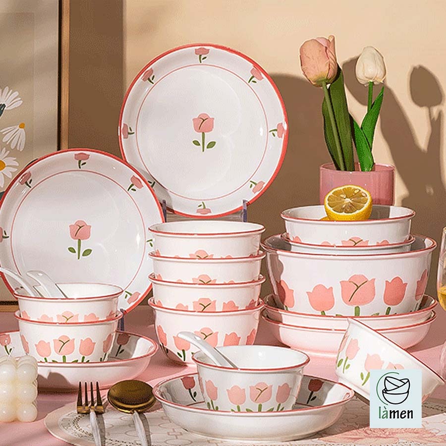 [ Bảo Hành Bể Vỡ ] Bộ Bát Đĩa Sứ Ăn Cơm In Hình Hoa Hồng Sang Trọng SET009