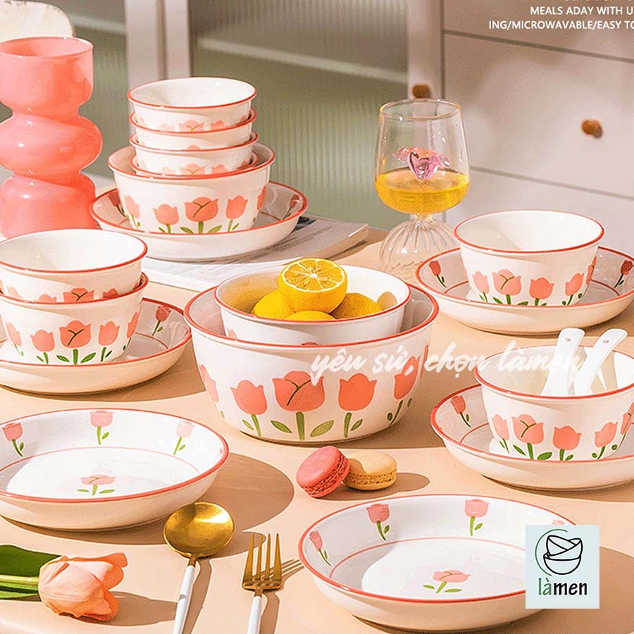 [ Bảo Hành Bể Vỡ ] Bộ Bát Đĩa Sứ Ăn Cơm In Hình Hoa Hồng Sang Trọng SET009