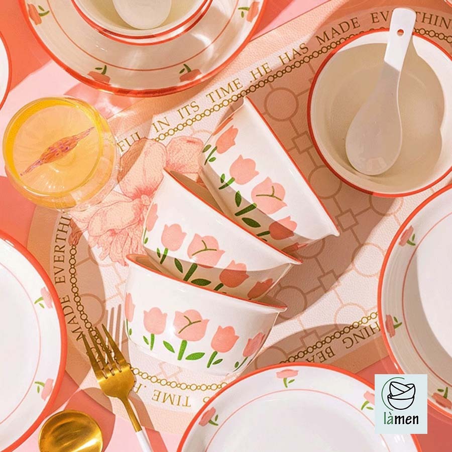 [ Bảo Hành Bể Vỡ ] Bộ Bát Đĩa Sứ Ăn Cơm In Hình Hoa Hồng Sang Trọng SET009