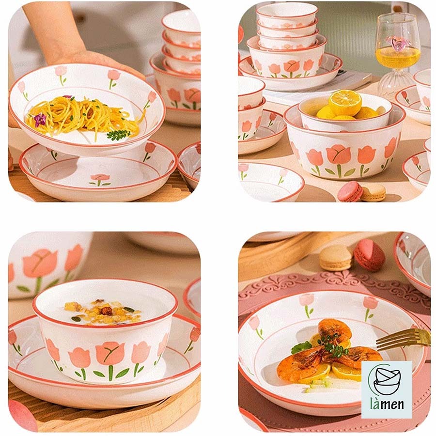 [ Bảo Hành Bể Vỡ ] Bộ Bát Đĩa Sứ Ăn Cơm In Hình Hoa Hồng Sang Trọng SET009