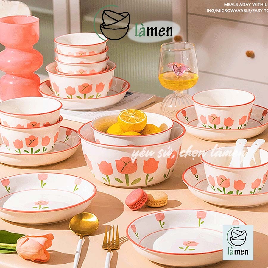 [ Bảo Hành Bể Vỡ ] Bộ Bát Đĩa Sứ Ăn Cơm In Hình Hoa Hồng Sang Trọng SET009
