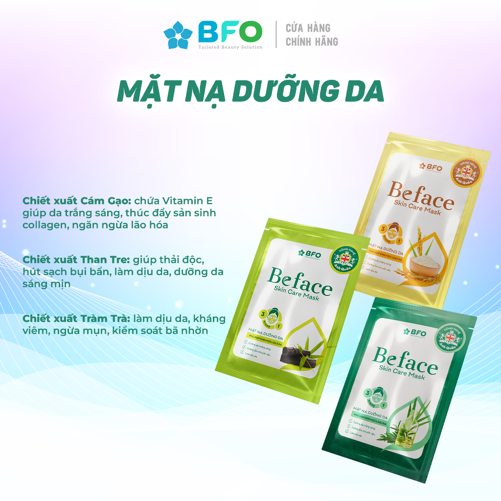 Ảnh Mặt Nạ Dưỡng Ẩm Tinh Chất Trà Xanh Tràm Trà Cám Gạo BFO Beface Hộp 10 Miếng 4