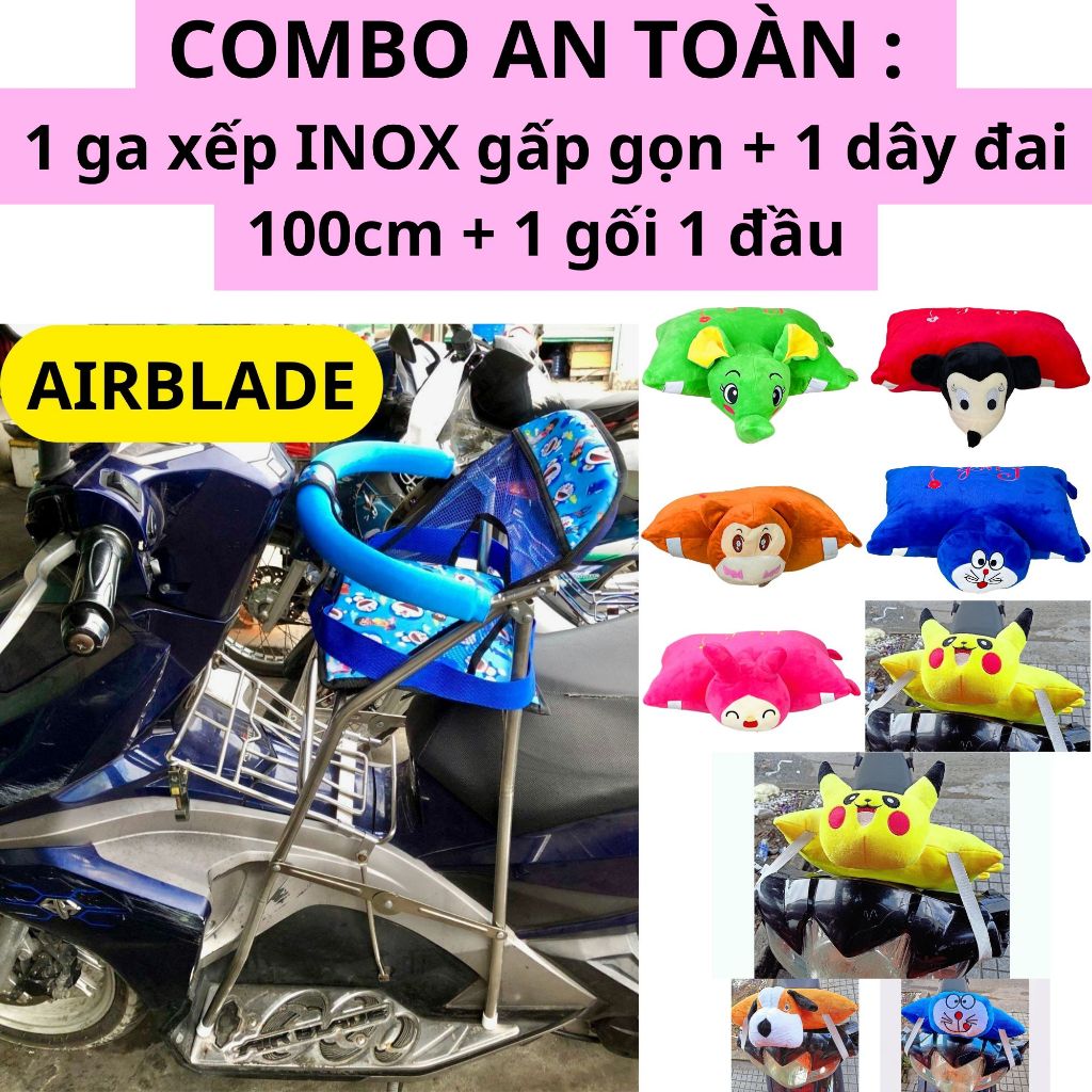 Combo An Toàn GHẾ INOX : 1 ghế ga INOX CAO CẤP xếp gọn + 1 dây đai 100cm + 1 gối 1 đầu đi xe máy cho bé