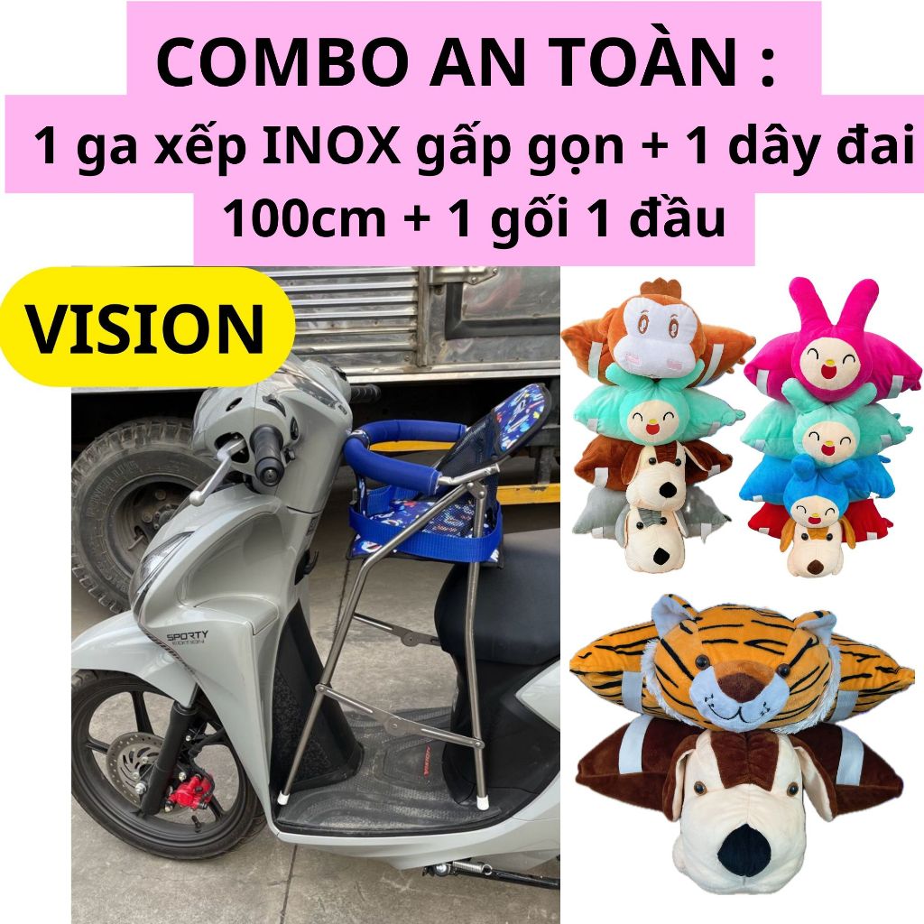 Combo An Toàn GHẾ INOX : 1 ghế ga INOX CAO CẤP xếp gọn + 1 dây đai 100cm + 1 gối 1 đầu đi xe máy cho bé