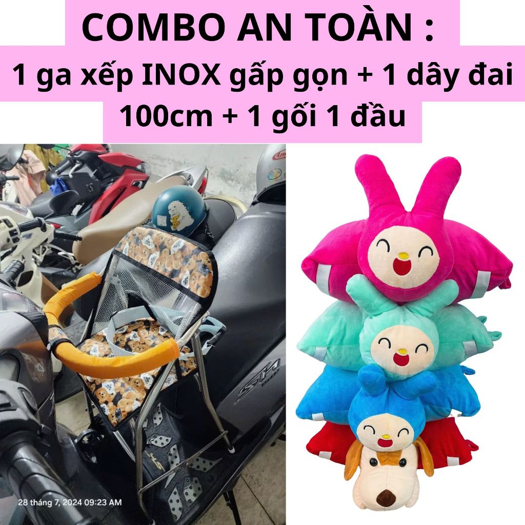 Combo An Toàn GHẾ INOX : 1 ghế ga INOX CAO CẤP xếp gọn + 1 dây đai 100cm + 1 gối 1 đầu đi xe máy cho bé