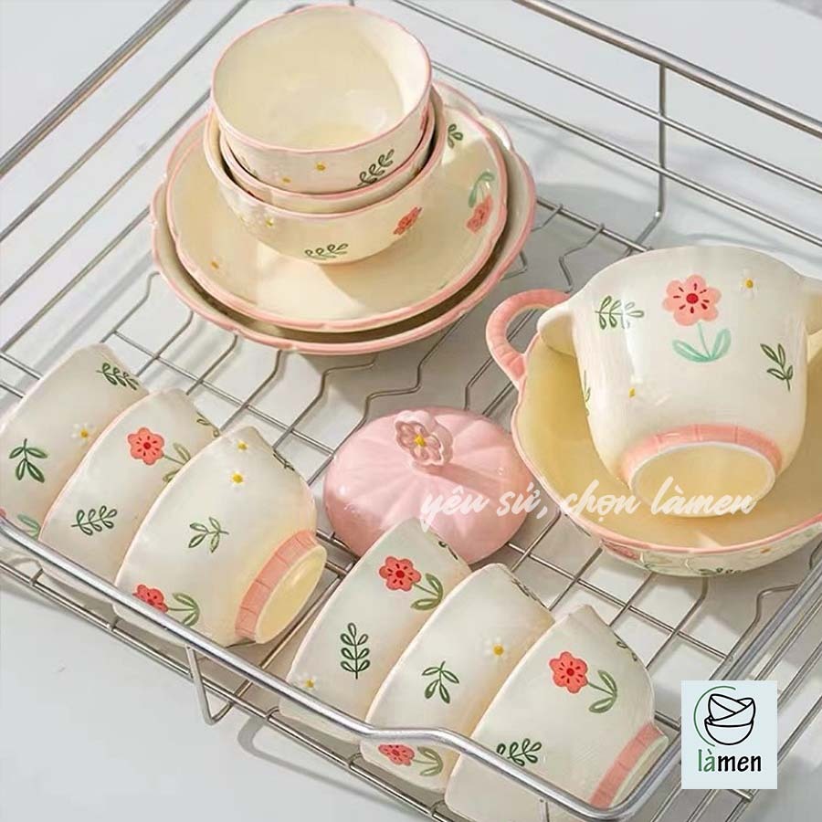 [ Bảo Hành Bể Vỡ ] Bộ Bát Đĩa Sứ Cao Cấp, Bát Sứ Họa Tiết Hoa Hồng Dễ Thương SET008