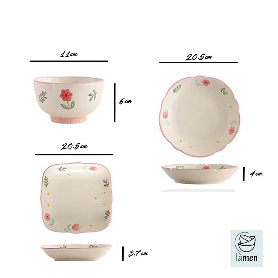 [ Bảo Hành Bể Vỡ ] Bộ Bát Đĩa Sứ Cao Cấp, Bát Sứ Họa Tiết Hoa Hồng Dễ Thương SET008