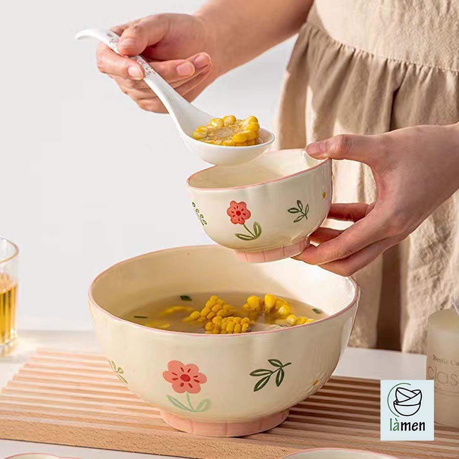 [ Bảo Hành Bể Vỡ ] Bộ Bát Đĩa Sứ Cao Cấp, Bát Sứ Họa Tiết Hoa Hồng Dễ Thương SET008