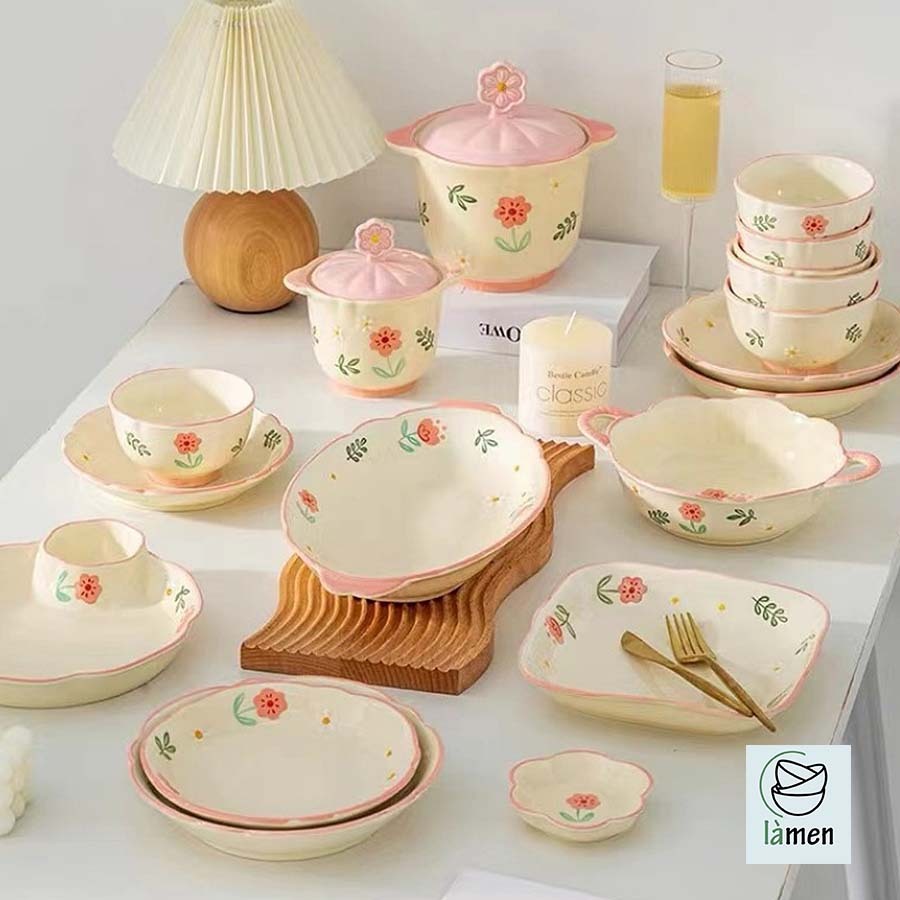 [ Bảo Hành Bể Vỡ ] Bộ Bát Đĩa Sứ Cao Cấp, Bát Sứ Họa Tiết Hoa Hồng Dễ Thương SET008