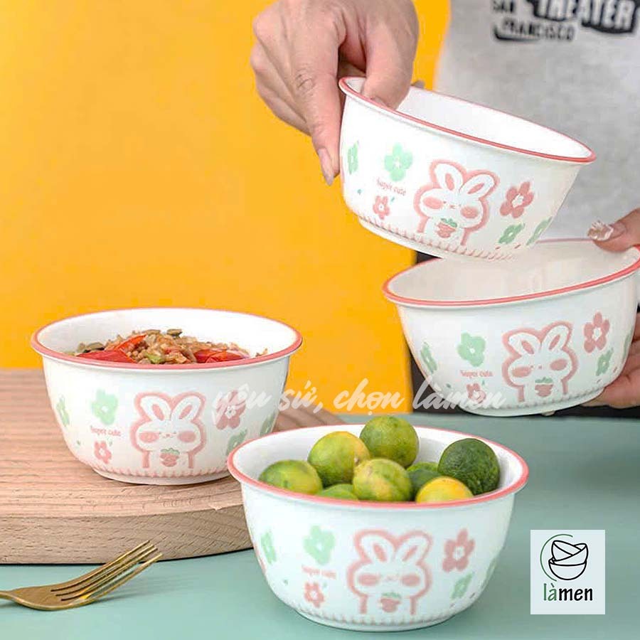 [ Bảo Hành Bể Vỡ ] Bát sứ, Bát Ăn Cơm, Ăn Dặm, Bát In Hình Thỏ Và Dâu Tây Dễ Thương Cho Bé BAT010