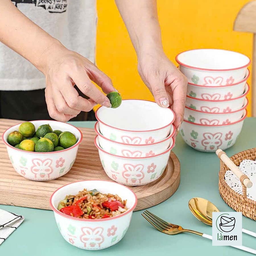 [ Bảo Hành Bể Vỡ ] Bát sứ, Bát Ăn Cơm, Ăn Dặm, Bát In Hình Thỏ Và Dâu Tây Dễ Thương Cho Bé BAT010