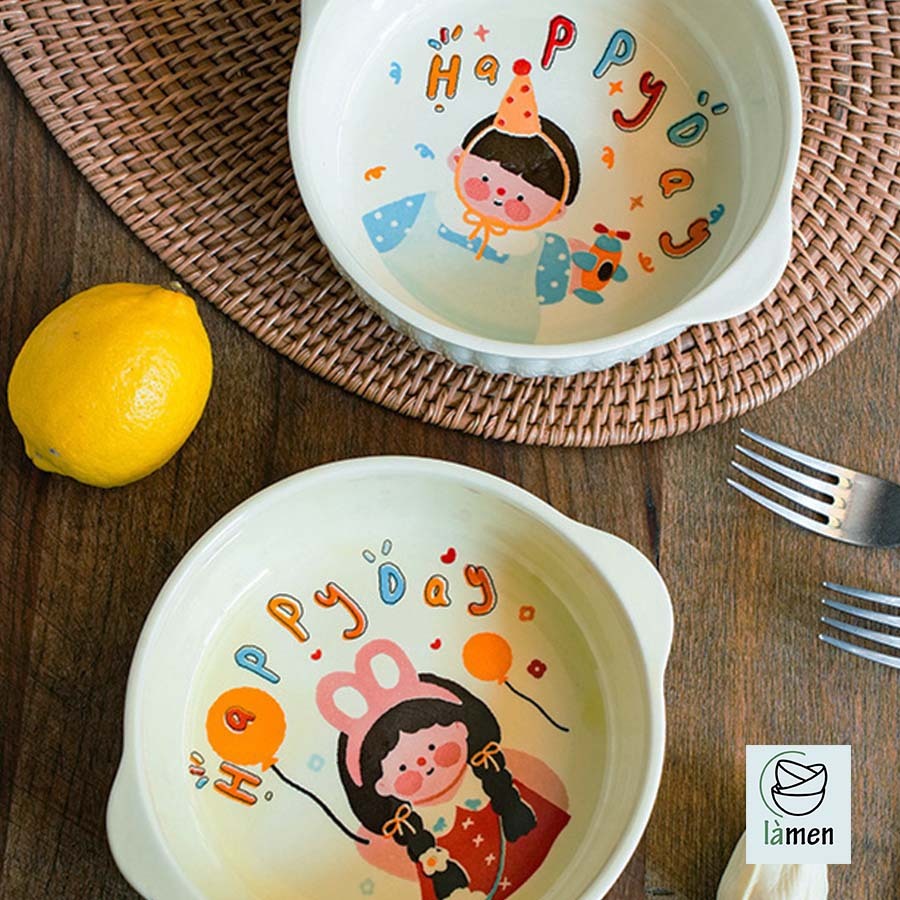 [ Bảo Hành Bể Vỡ ] Bát Tô Sứ Có Tay Cầm, Ăn Cơm, Ăn Mì, In Hình Dễ Thương SET007