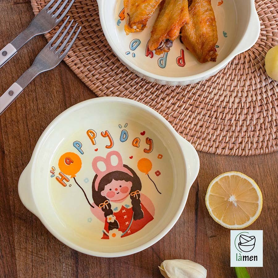 [ Bảo Hành Bể Vỡ ] Bát Tô Sứ Có Tay Cầm, Ăn Cơm, Ăn Mì, In Hình Dễ Thương SET007