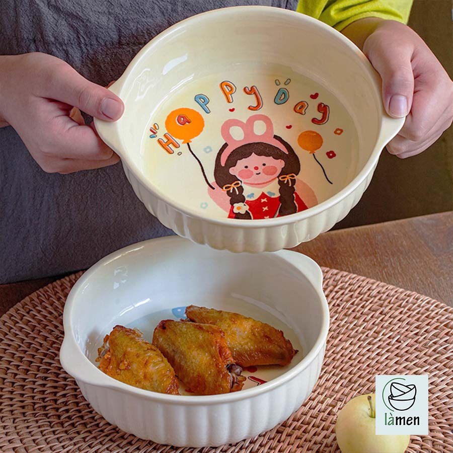 [ Bảo Hành Bể Vỡ ] Bát Tô Sứ Có Tay Cầm, Ăn Cơm, Ăn Mì, In Hình Dễ Thương SET007